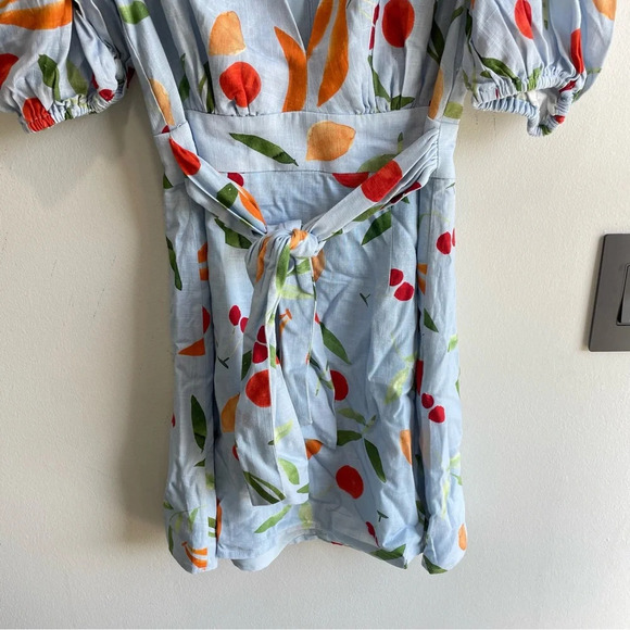 Finders Keepers Calypso Light Blue Fruit Print Puff Sleeve Mini Dress NWT Small - Picture 7 of 13